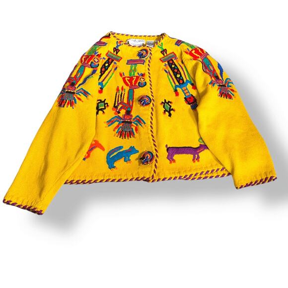 Vintage 90s Michael Simon For Henri Bendel Yellow Beaded Abstract Knit Cardigan - Picture 2 of 15
